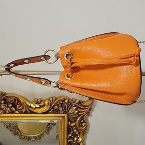REAL LEATHER Orange Pebble Leather Hobo Bucket Bag